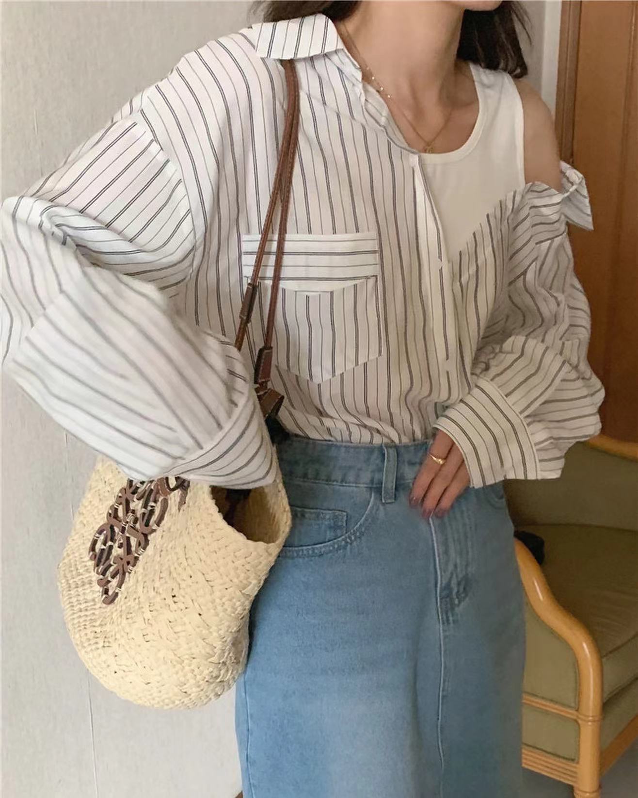 拼接假兩件條紋恤衫