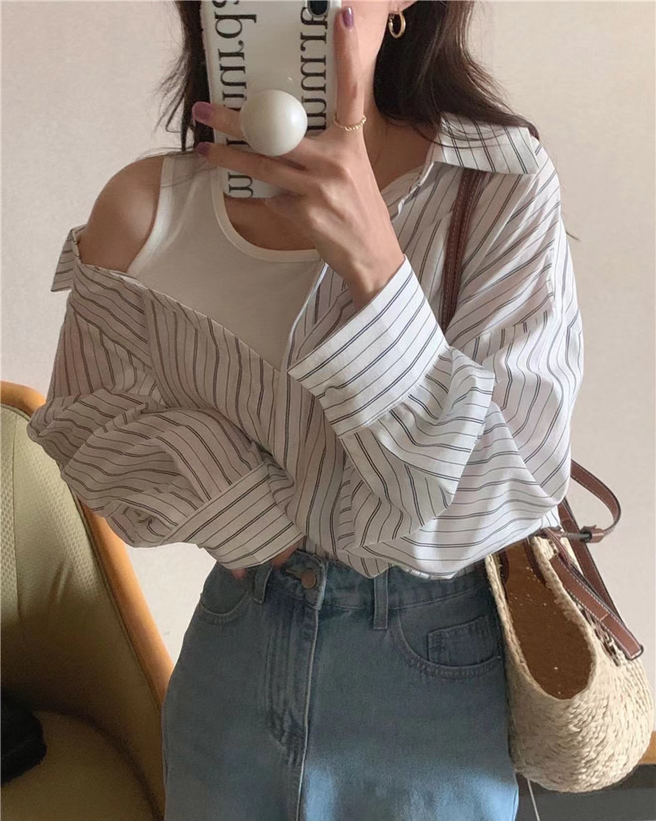 拼接假兩件條紋恤衫