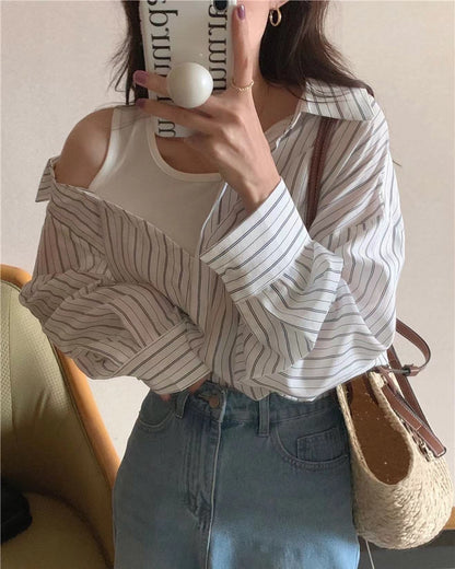 拼接假兩件條紋恤衫