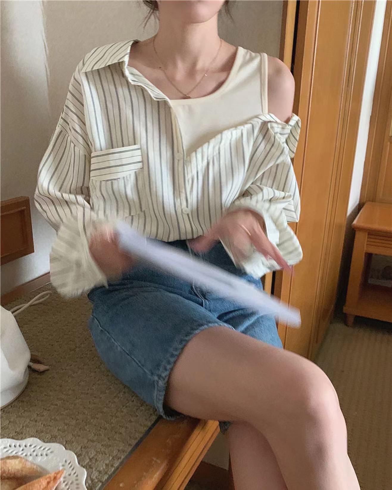 拼接假兩件條紋恤衫