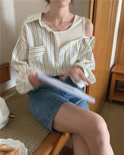 拼接假兩件條紋恤衫