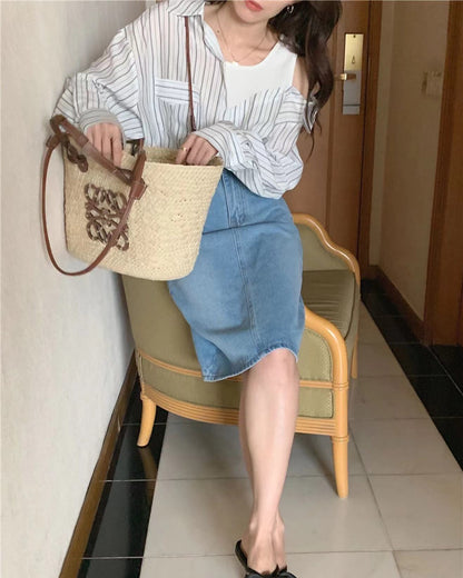 拼接假兩件條紋恤衫