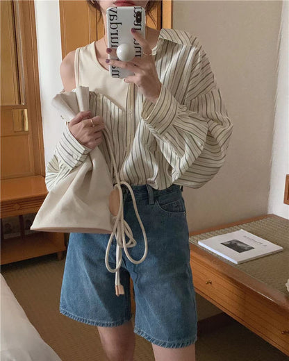 拼接假兩件條紋恤衫