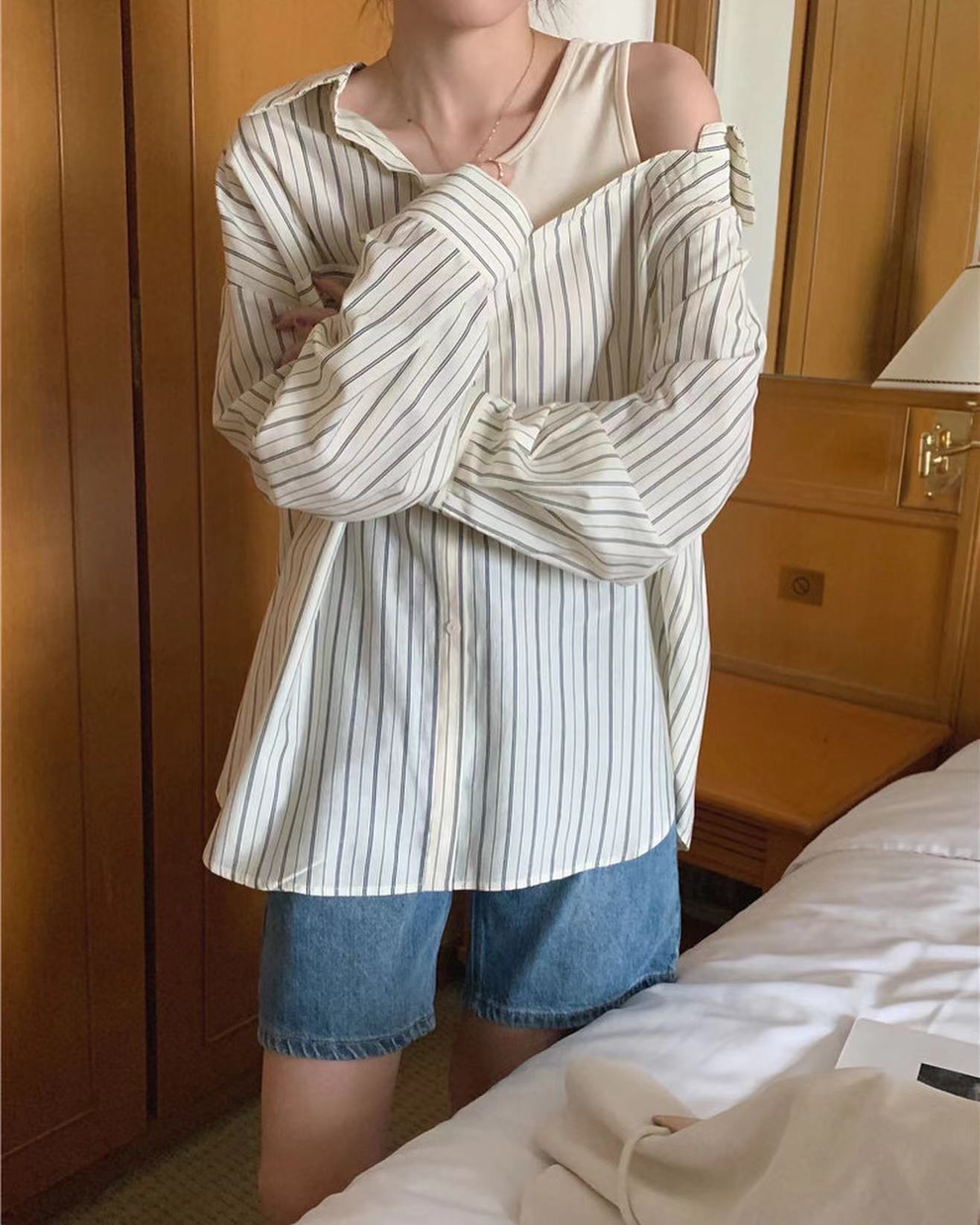 拼接假兩件條紋恤衫
