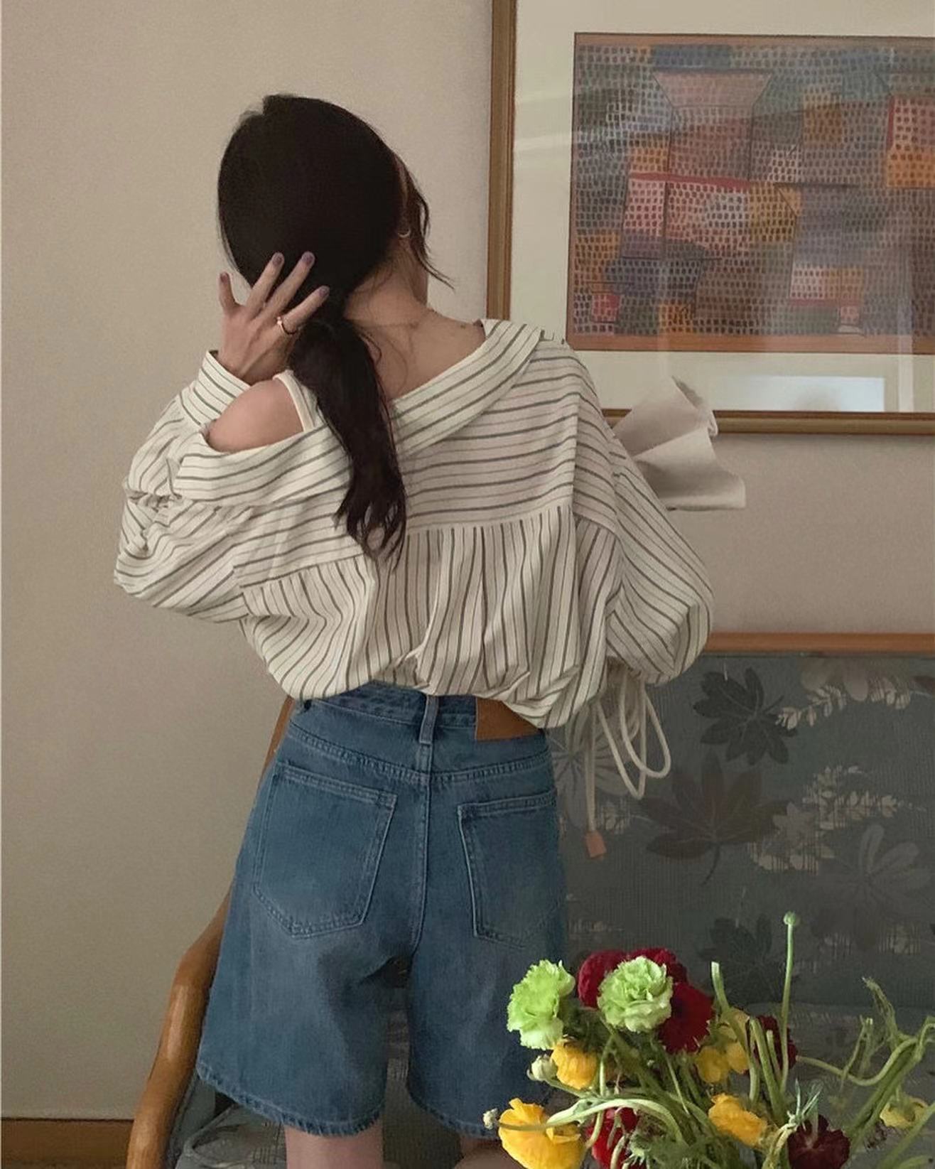 拼接假兩件條紋恤衫