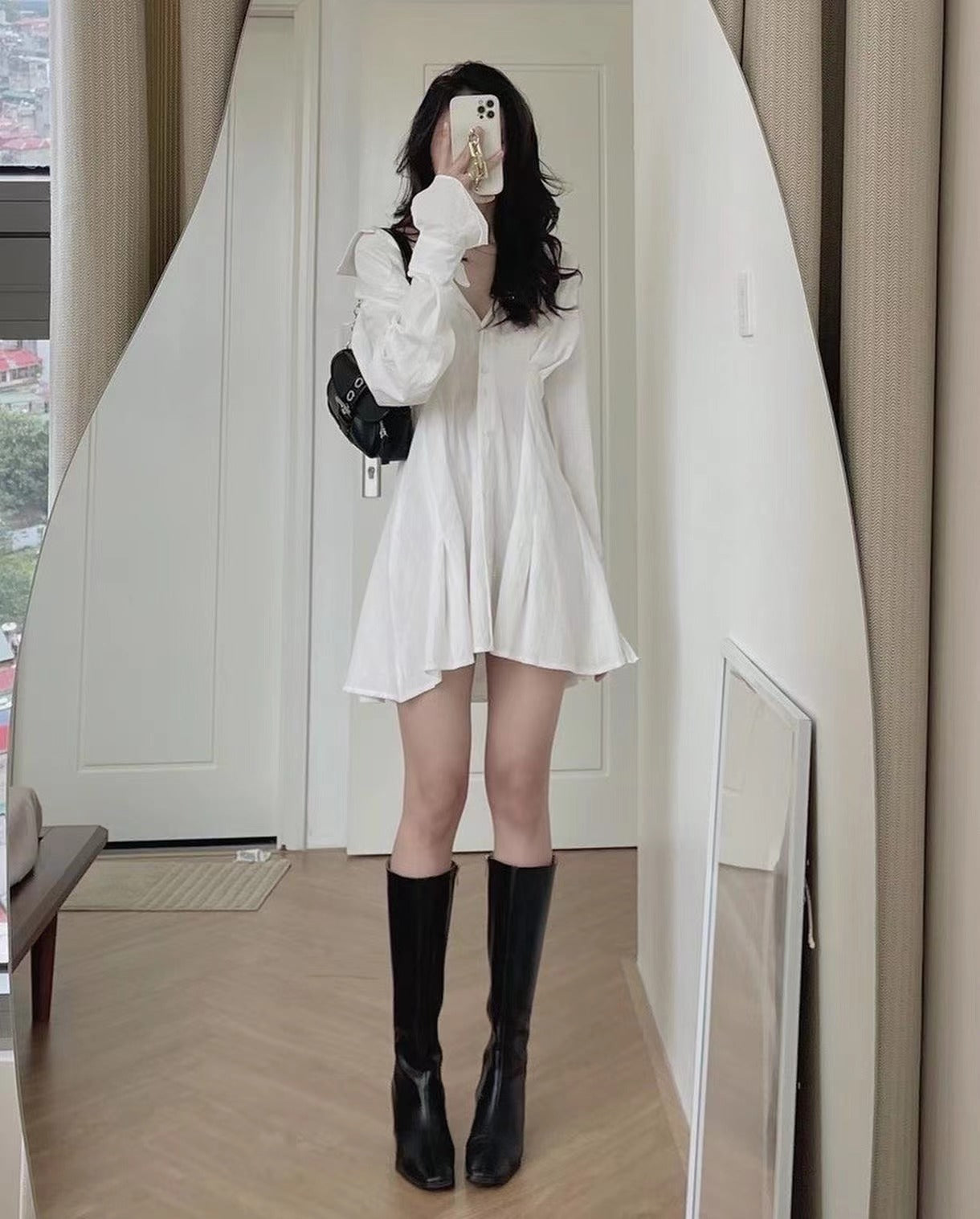 喇叭袖收腰連身裙