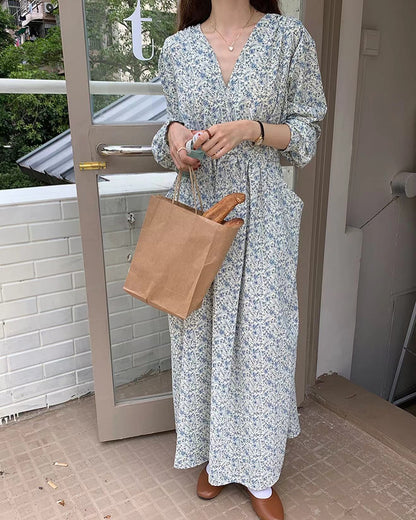 深V領碎花連身裙