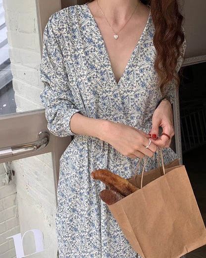 深V領碎花連身裙