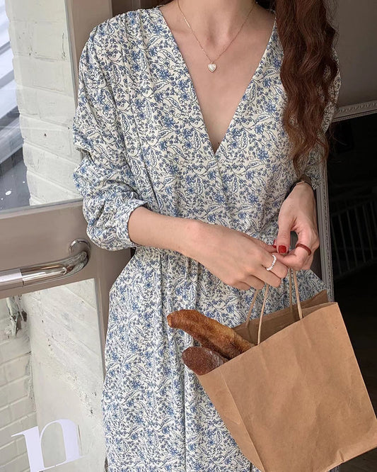 深V領碎花連身裙