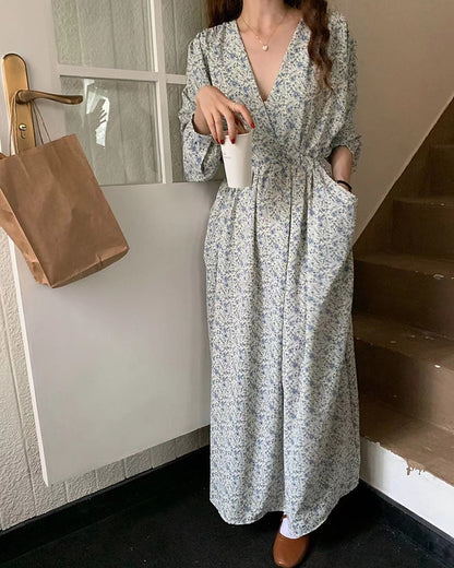 深V領碎花連身裙