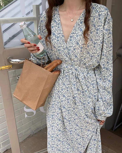 深V領碎花連身裙