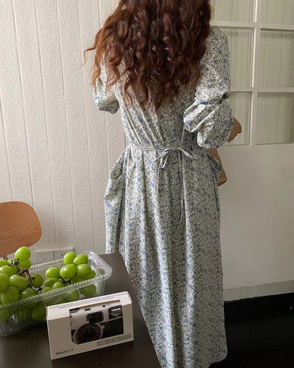 深V領碎花連身裙