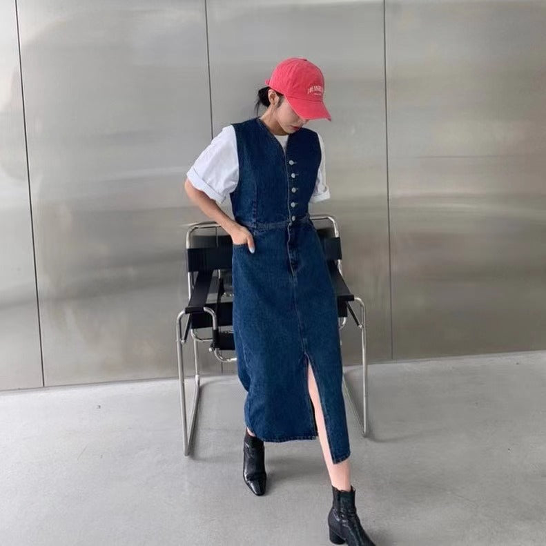 denim vest maxi dress