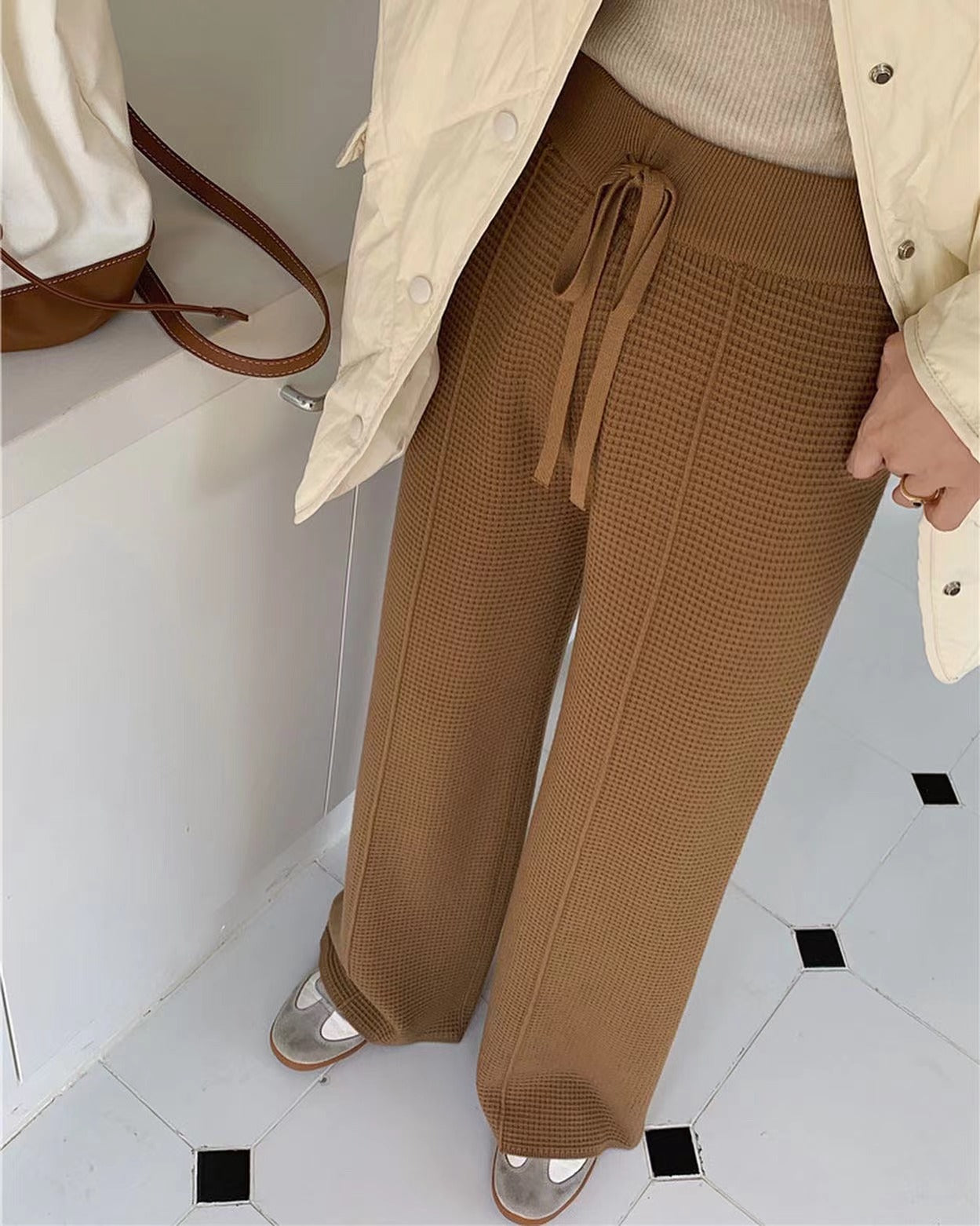 華夫格直筒休閒褲