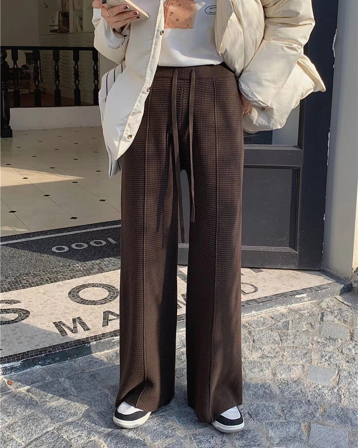 華夫格直筒休閒褲