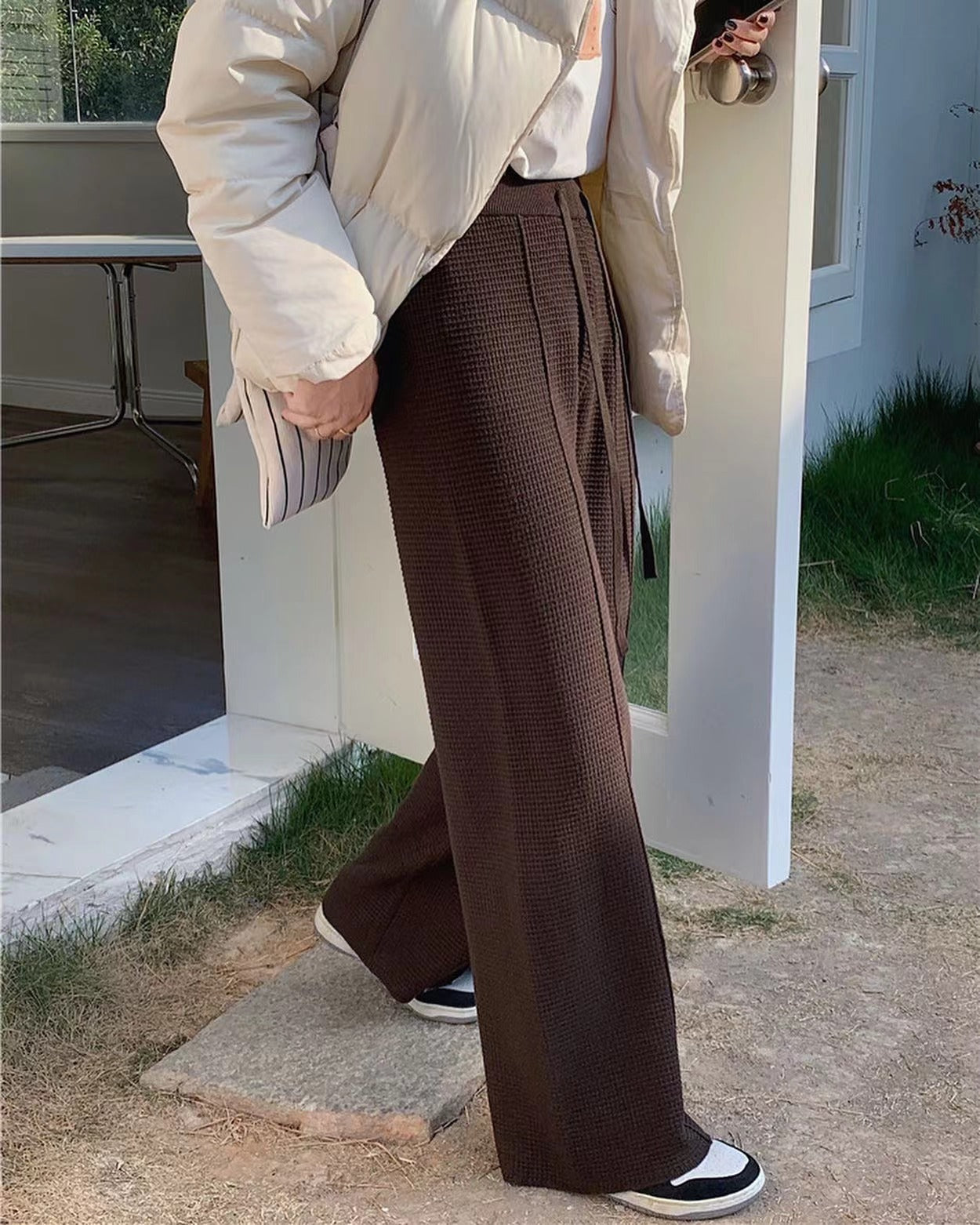 華夫格直筒休閒褲