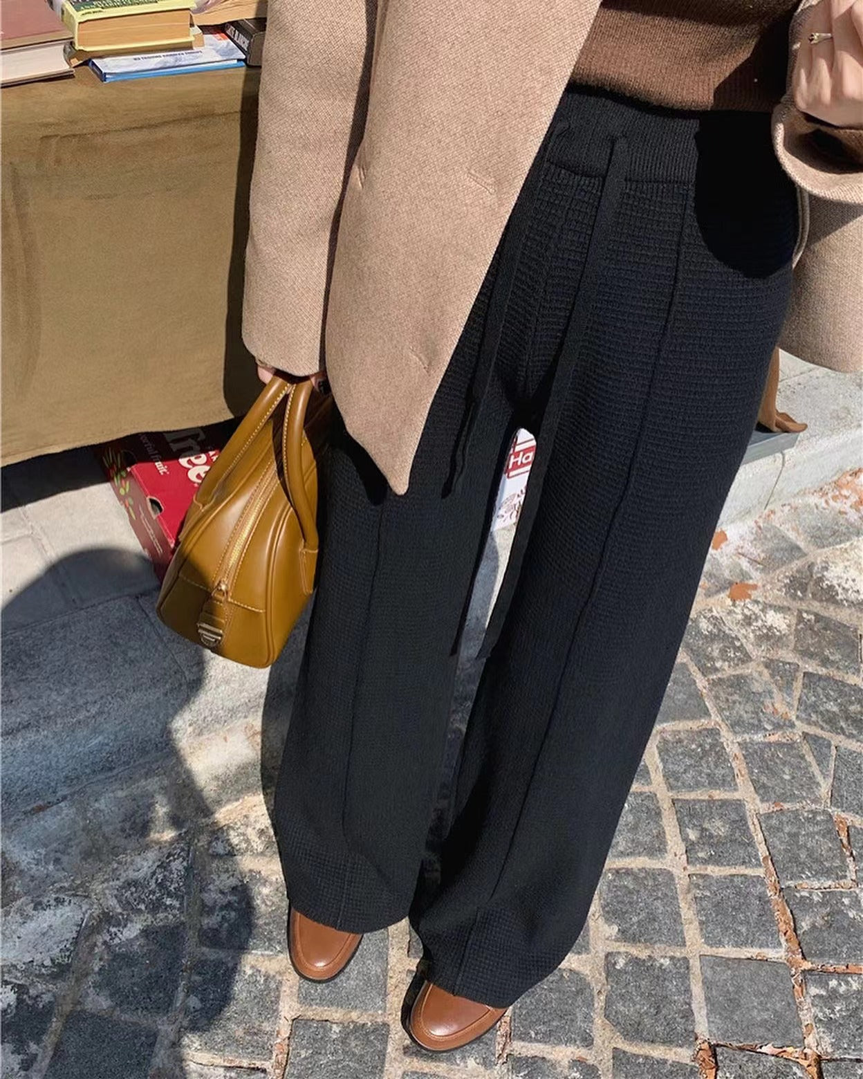 華夫格直筒休閒褲