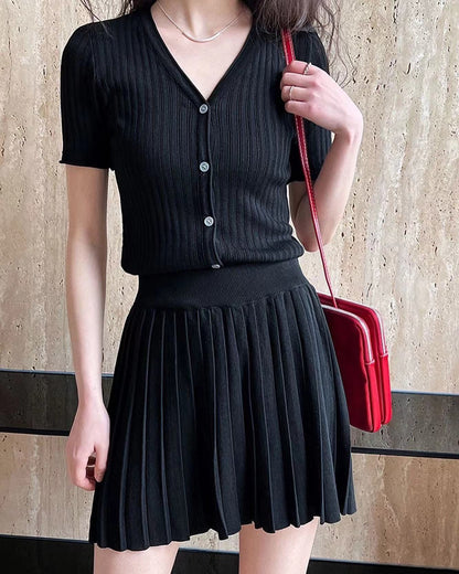 Knit Slim Fit Short Sleeve Top + Pleated Skirt Set