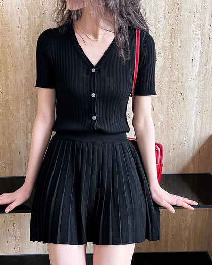 Knit Slim Fit Short Sleeve Top + Pleated Skirt Set