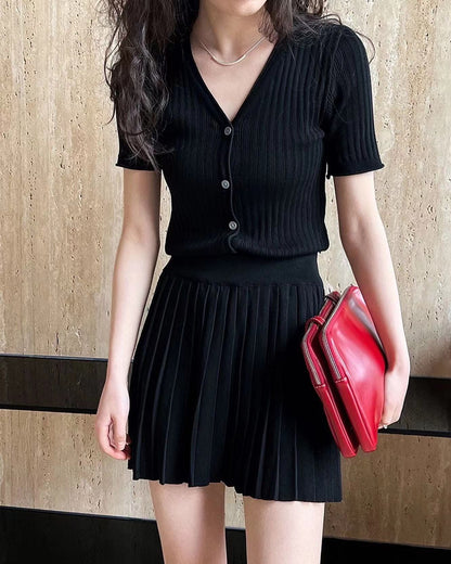 Knit Slim Fit Short Sleeve Top + Pleated Skirt Set