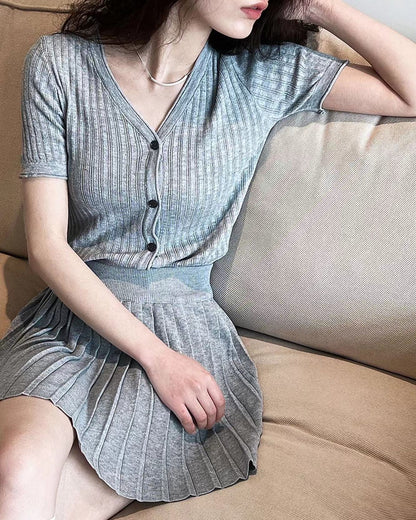 Knit Slim Fit Short Sleeve Top + Pleated Skirt Set