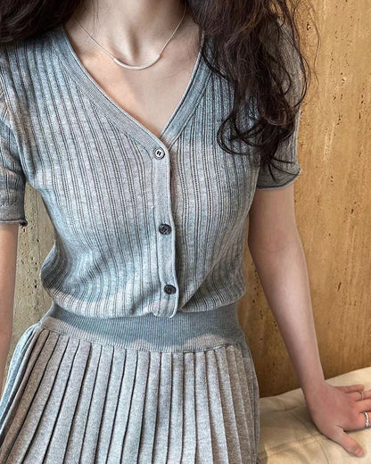 Knit Slim Fit Short Sleeve Top + Pleated Skirt Set