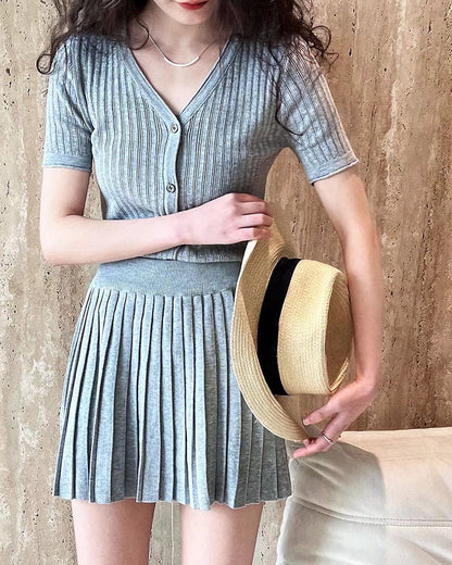Knit Slim Fit Short Sleeve Top + Pleated Skirt Set