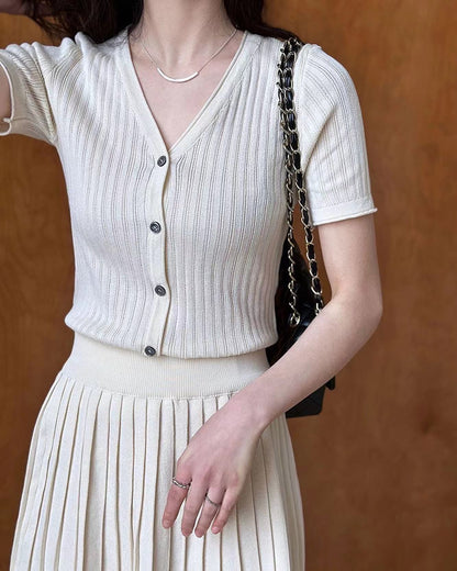 Knit Slim Fit Short Sleeve Top + Pleated Skirt Set