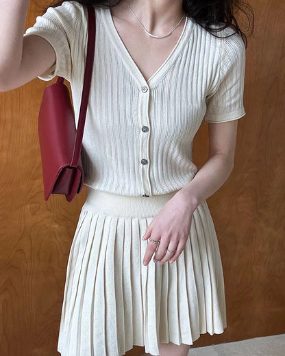 Knit Slim Fit Short Sleeve Top + Pleated Skirt Set