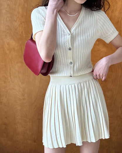 Knit Slim Fit Short Sleeve Top + Pleated Skirt Set