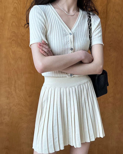 Knit Slim Fit Short Sleeve Top + Pleated Skirt Set