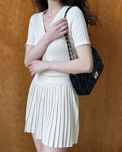 Knit Slim Fit Short Sleeve Top + Pleated Skirt Set
