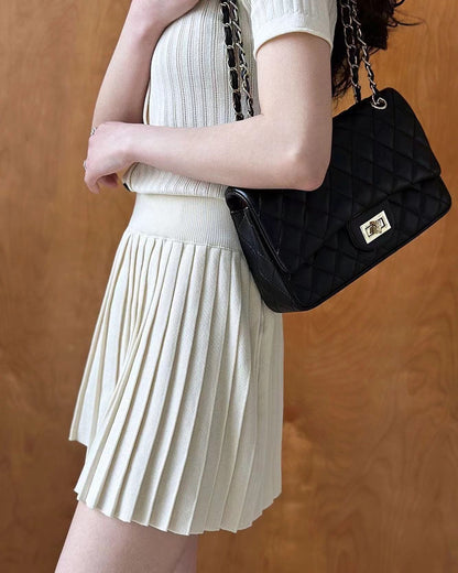 Knit Slim Fit Short Sleeve Top + Pleated Skirt Set