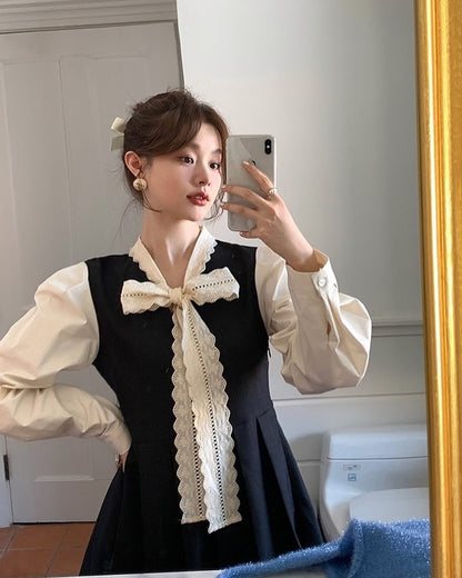 Pleated Dress with Bow