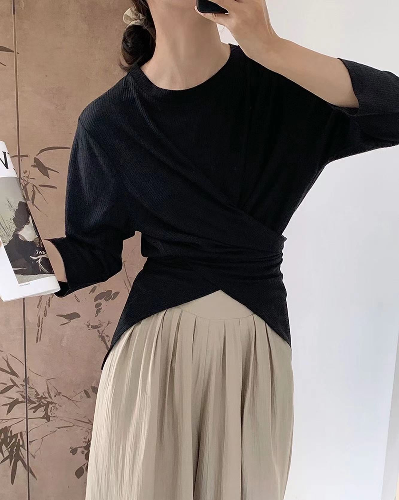 七分袖不規則收腰上衣