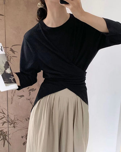 七分袖不規則收腰上衣