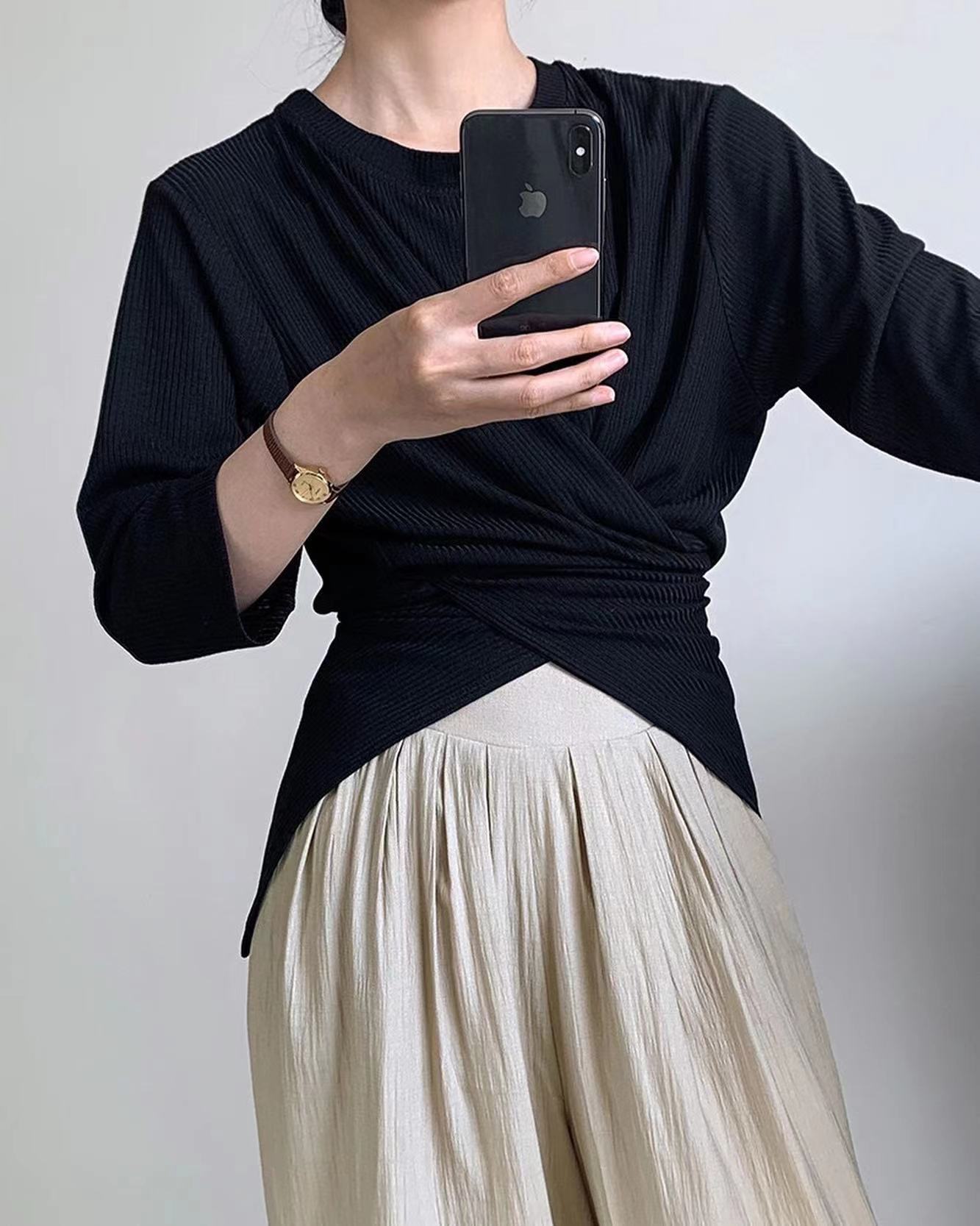 七分袖不規則收腰上衣