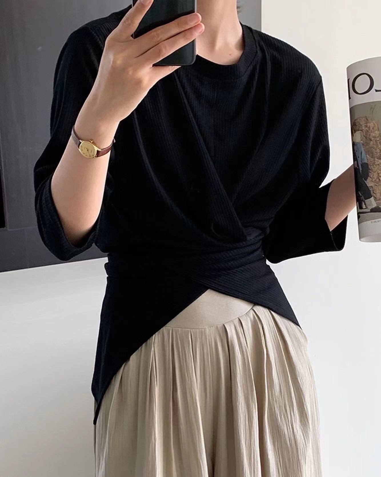 七分袖不規則收腰上衣