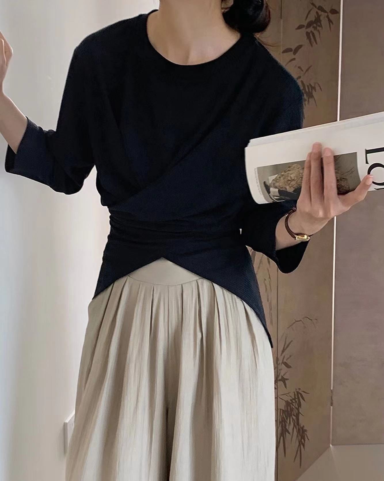 七分袖不規則收腰上衣