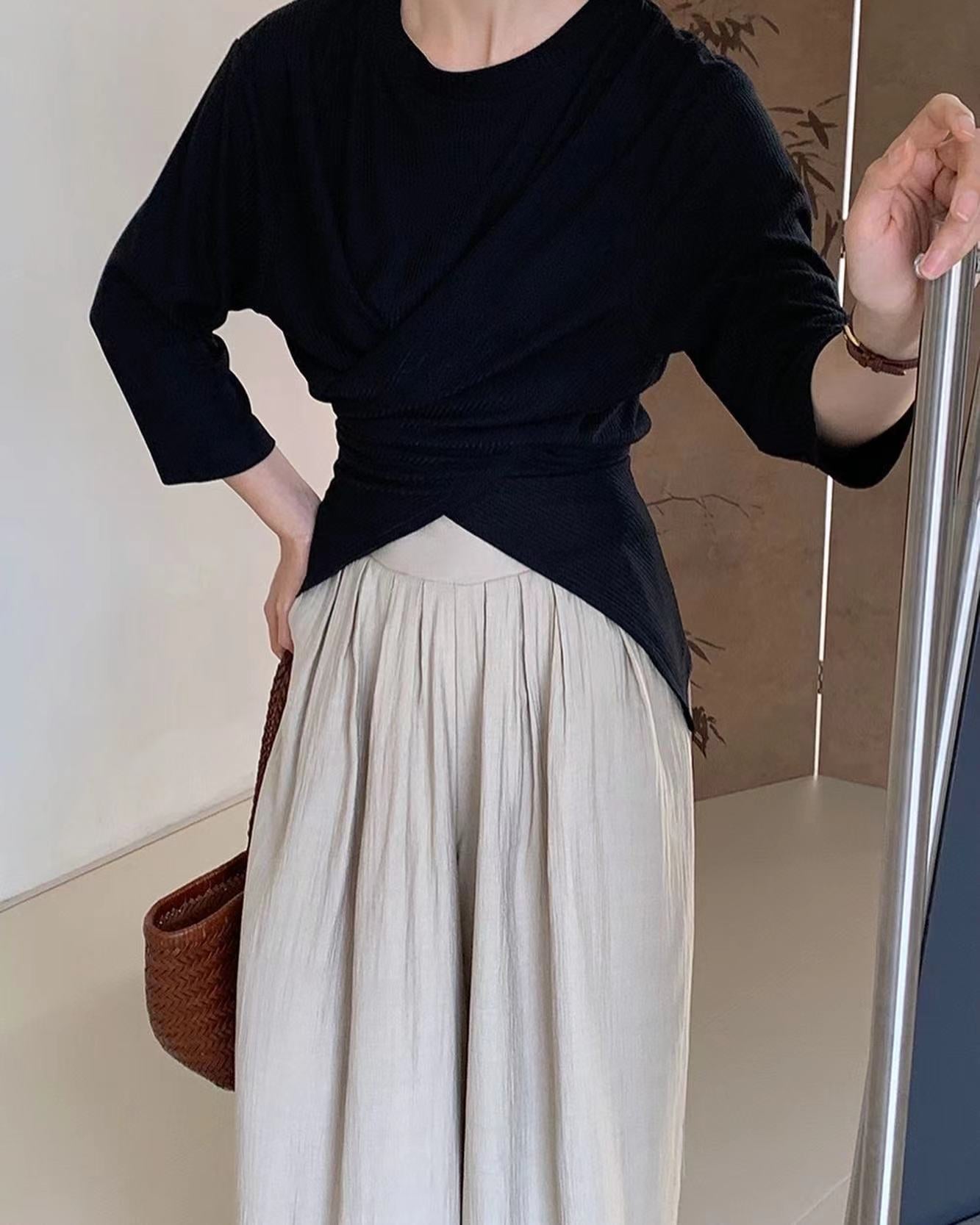 七分袖不規則收腰上衣