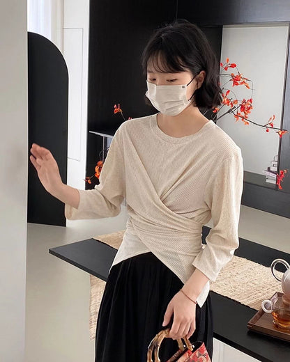 七分袖不規則收腰上衣