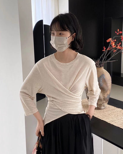 七分袖不規則收腰上衣