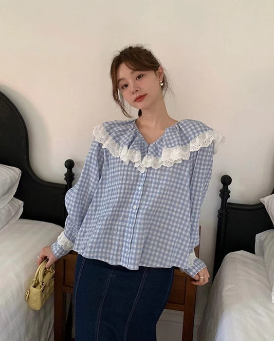 Lace Ruffle Checkered Blouse