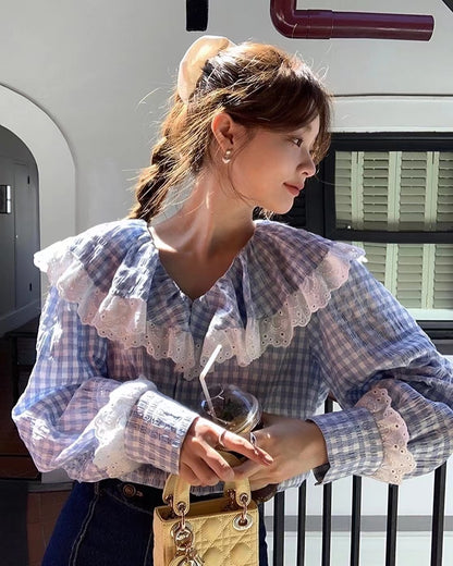 レースフリルチェックシャツ