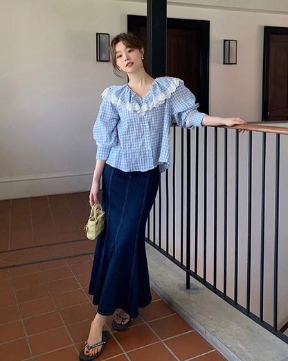 レースフリルチェックシャツ