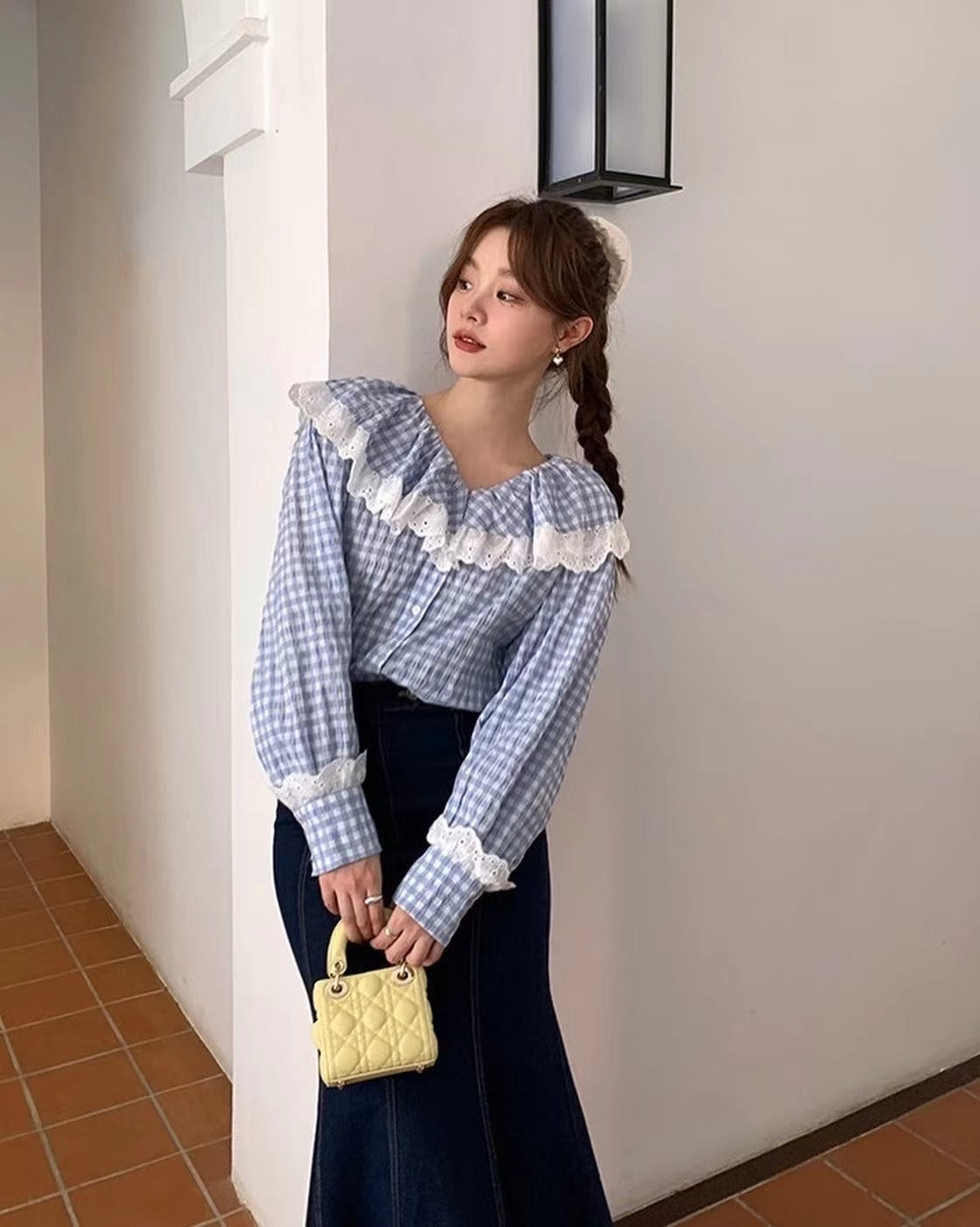 レースフリルチェックシャツ