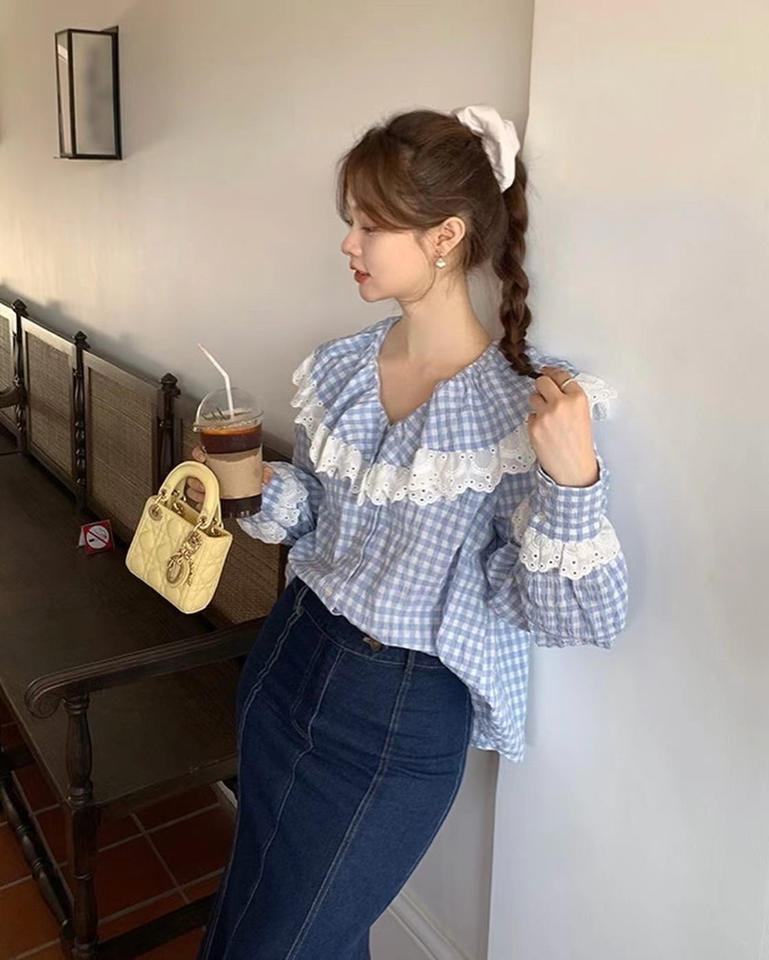 レースフリルチェックシャツ