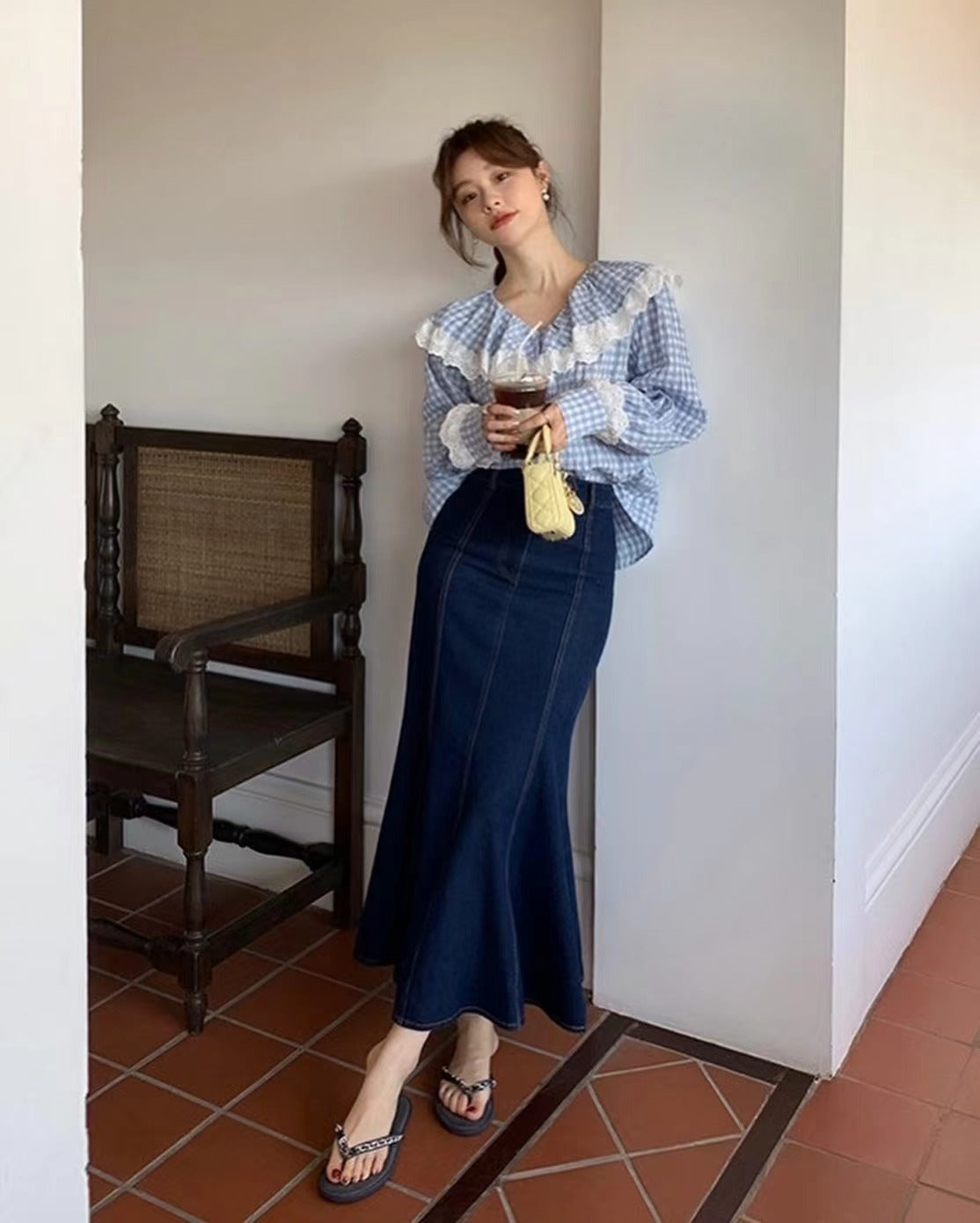 レースフリルチェックシャツ