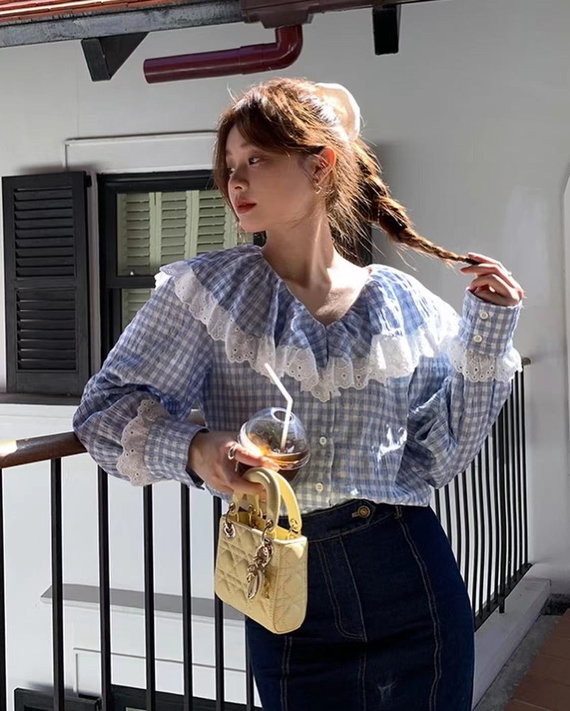 レースフリルチェックシャツ