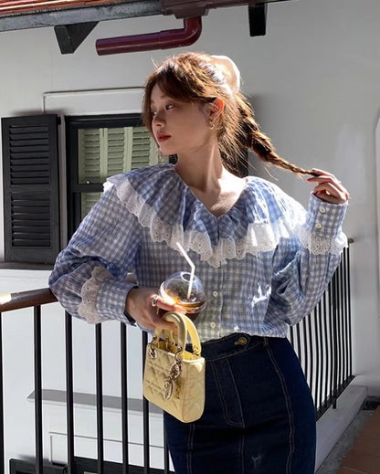 レースフリルチェックシャツ